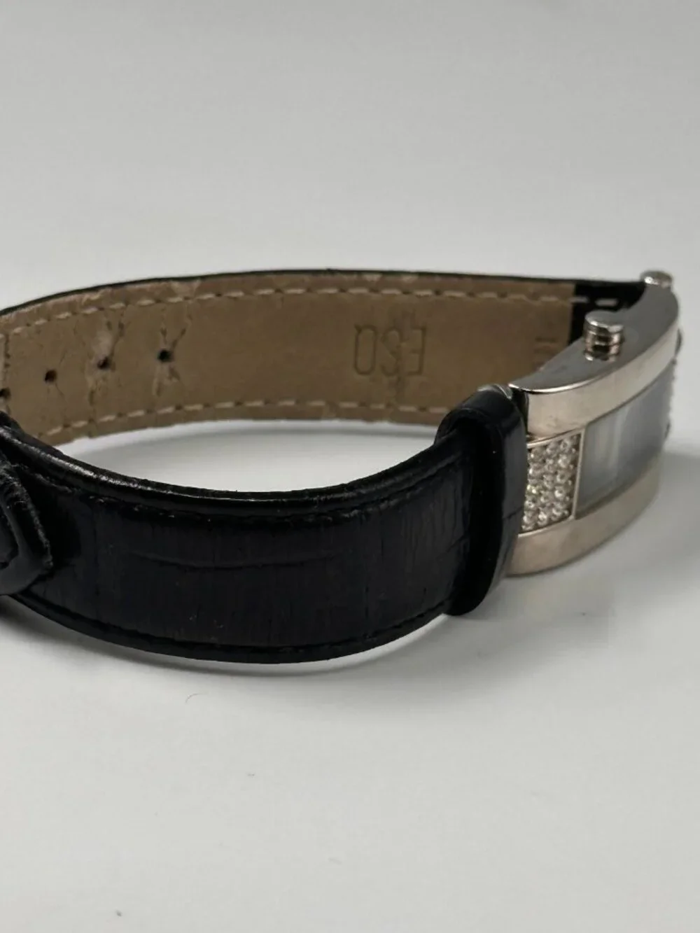 ESQ Watch Women Silver Tone Crystal Accents Black Leather Band New Battery